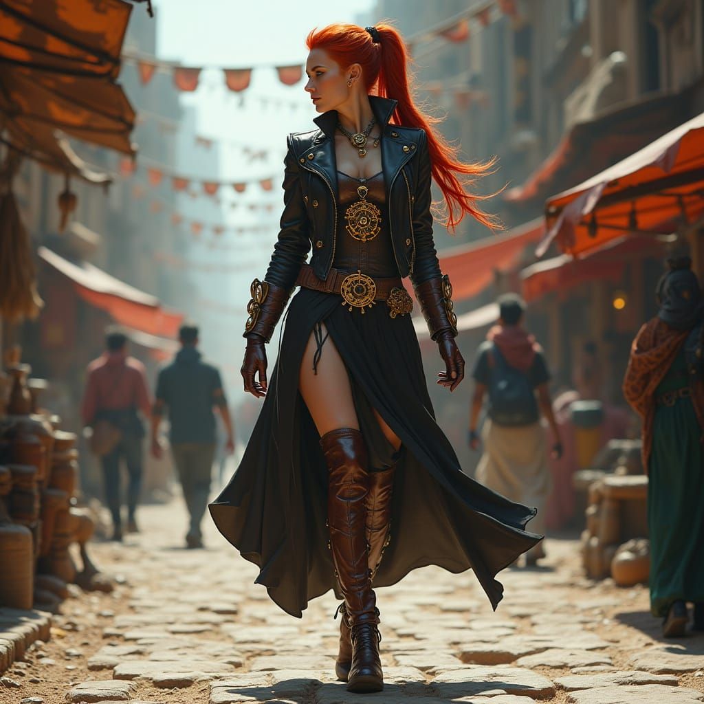 Steampunk Redhead in Alien Marketplace, Hyperrealistic Art