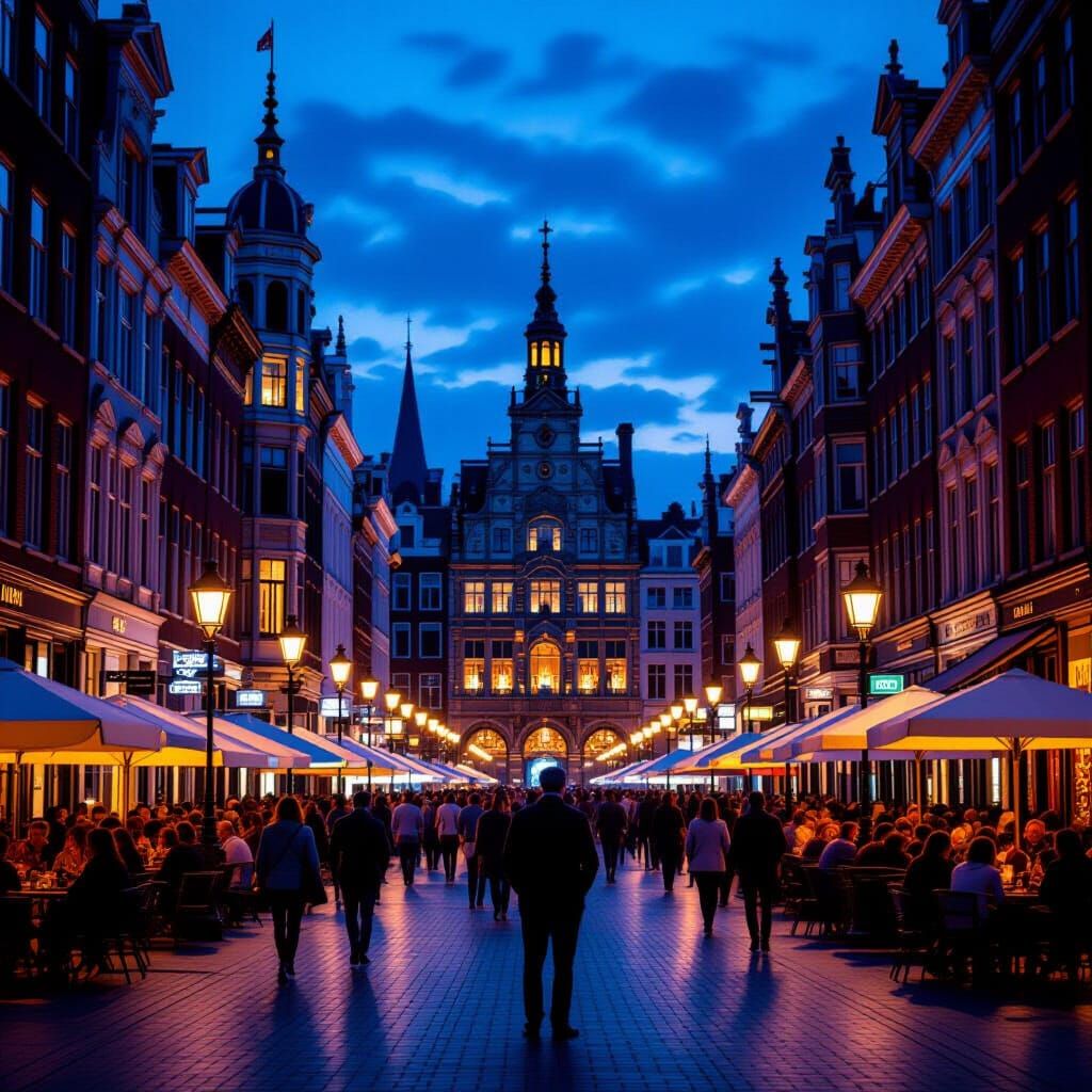 City Square at Dusk with Social Gathering and Detailed Archi...