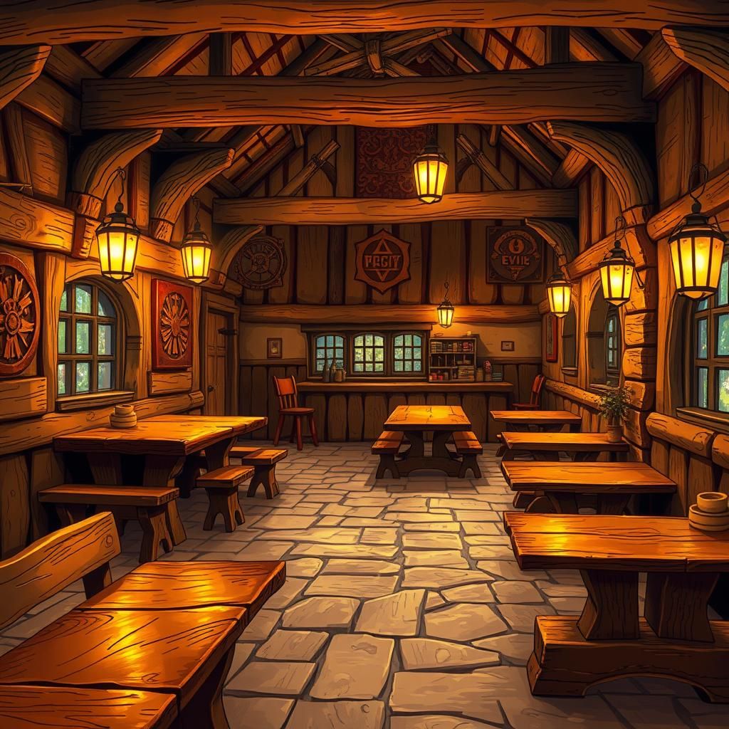 The inn is a single storey half-timbered building, with roug...