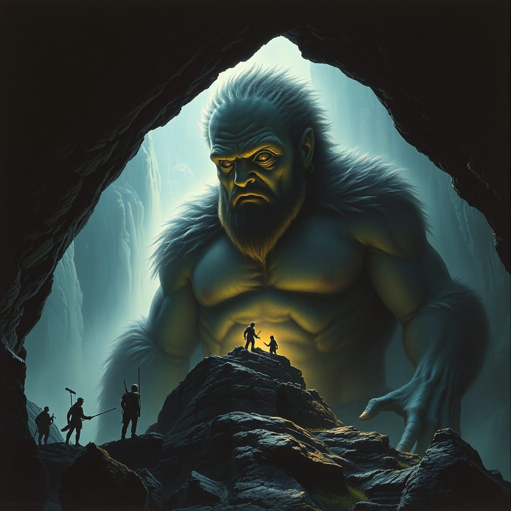 Cyclops Giant Observes Men in Dark Cave