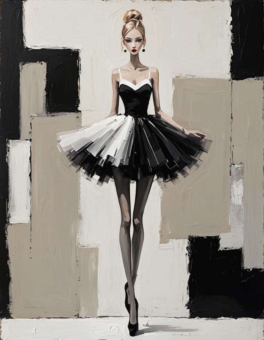 Woman in a Short Tutu Dress, Chalk Drawing, Fashion Art