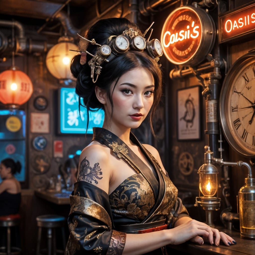 Elegant Steam Punk Geisha in Industrial Oasis