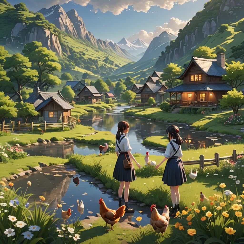Anime Girls in Cottage Garden Landscape