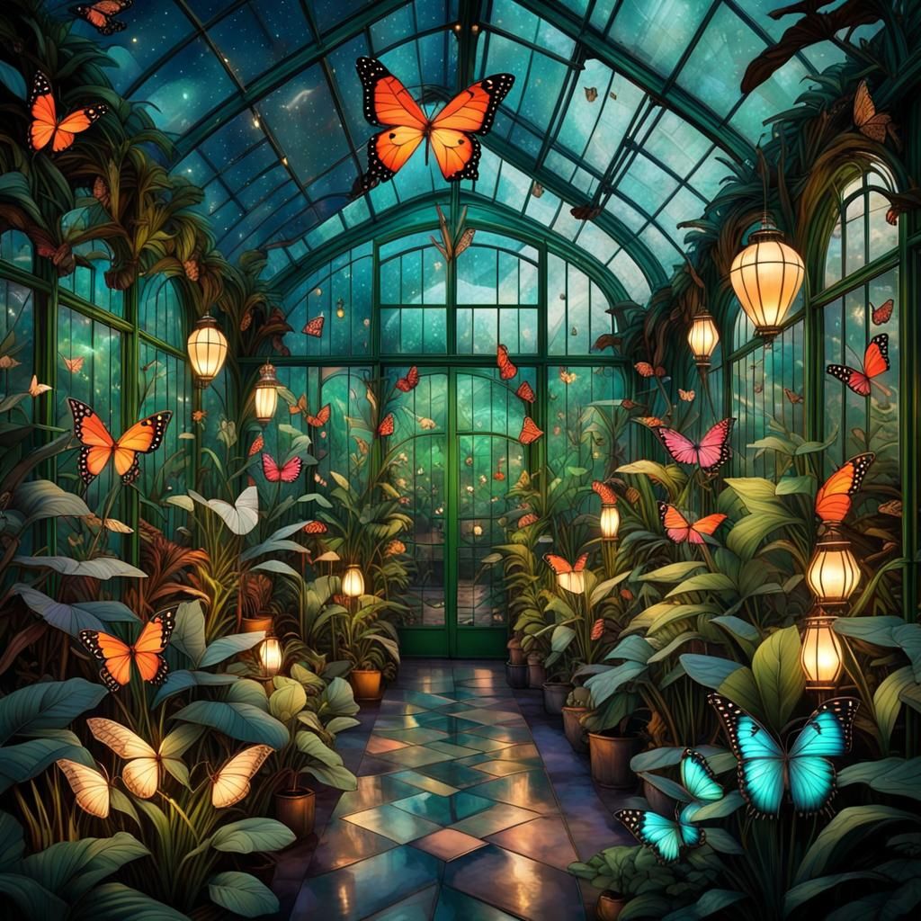 Art Deco Greenhouse Paradise with Butterflies