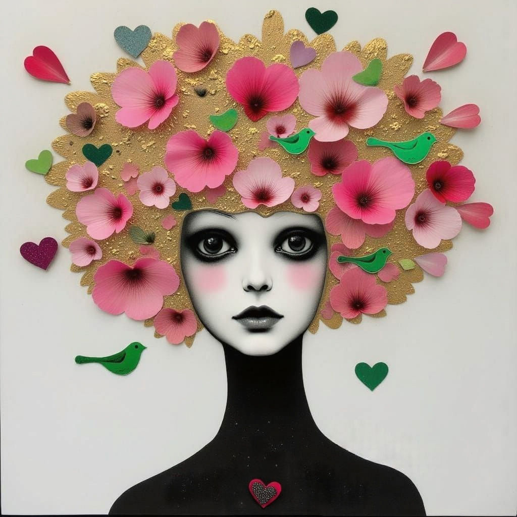 Abstract Woman with Sakura Petal Hair and Biomechanical Eleg...