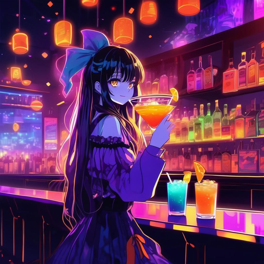 Anime Girl with Cocktail at Night Bar