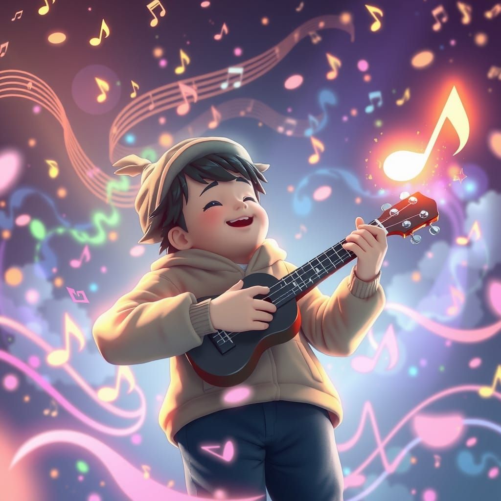 Boy Playing Ukulele in Anime Style