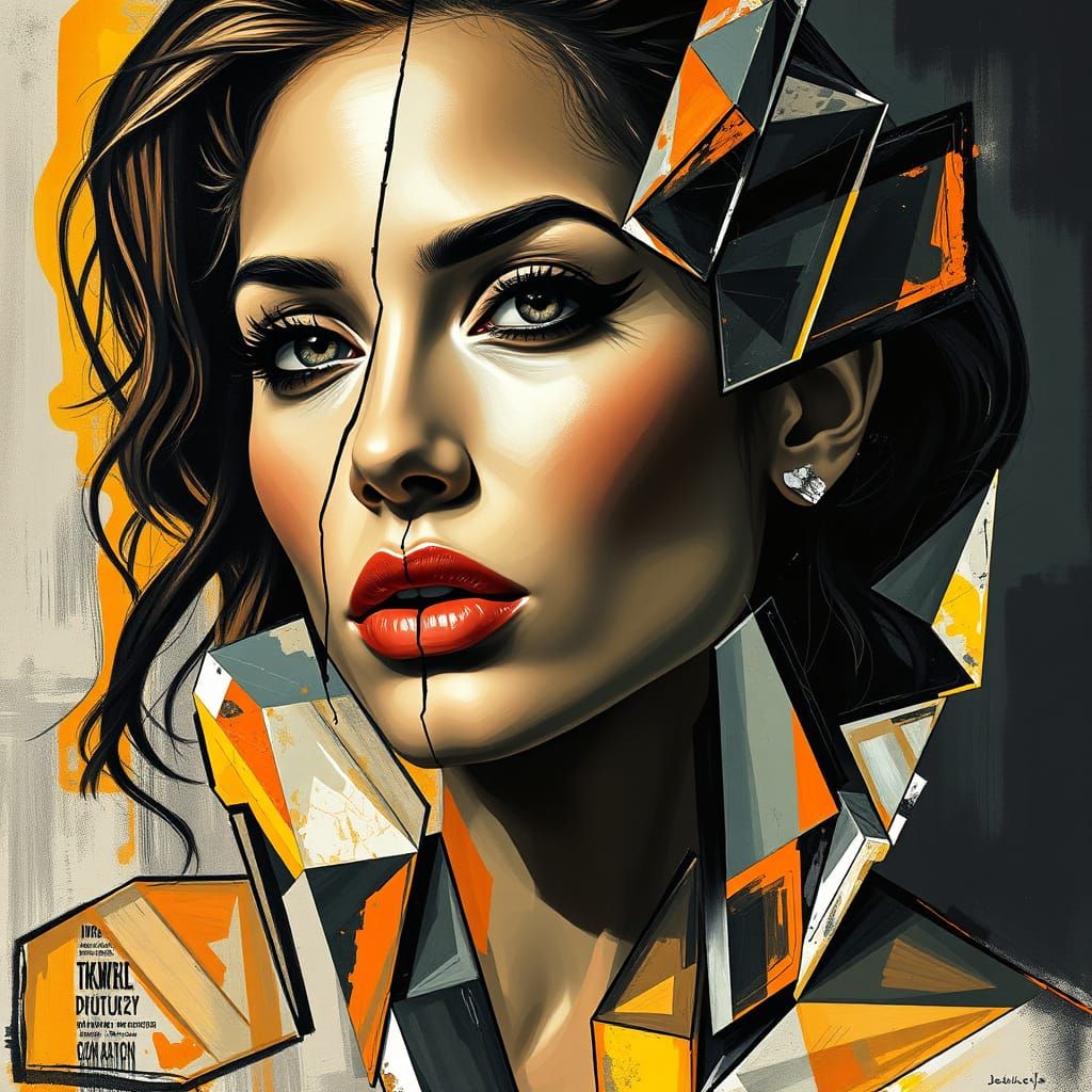 Cubist Portrait of Jennifer Lopez in Vibrant Monochromatic C...