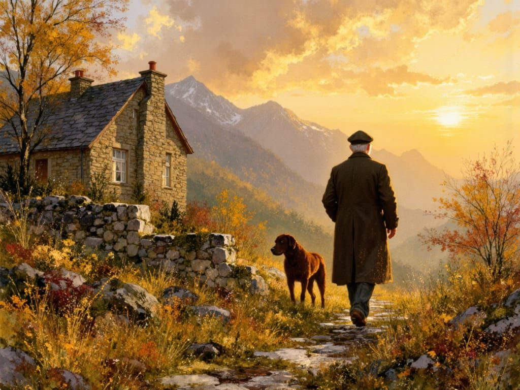 Serene Sunrise Valley with Stone Cottage and Elderly Man
