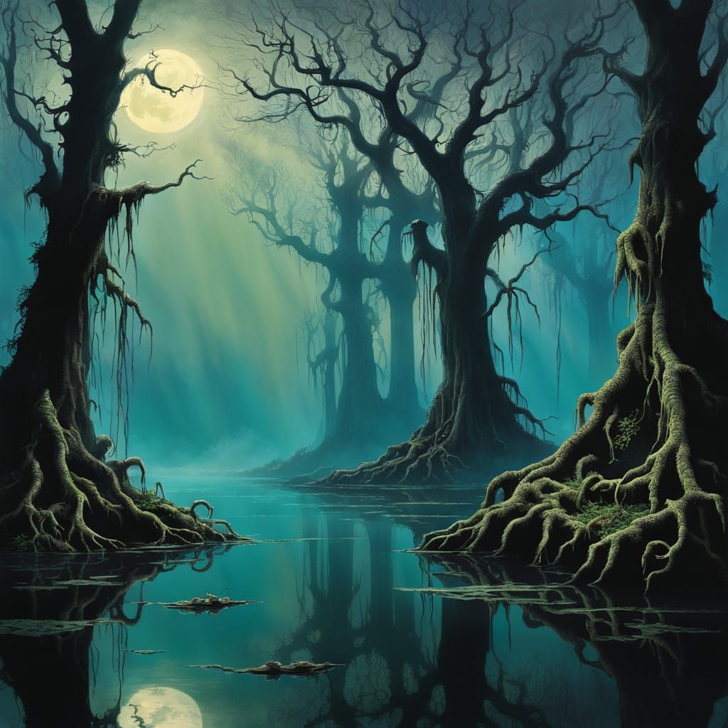 Mystical Moonlit Fairies in a Haunting Swamp Landscape