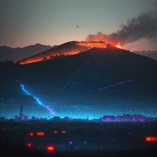 Cyberpunk Cityscape with Mountain View in Neon Noir