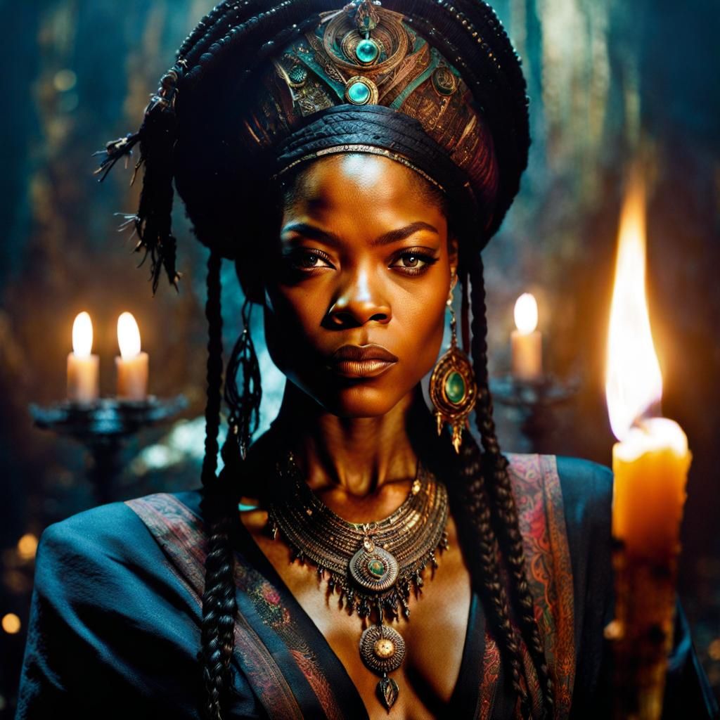Eldritch Voodoo Priestess with Candle in Photorealistic Styl...