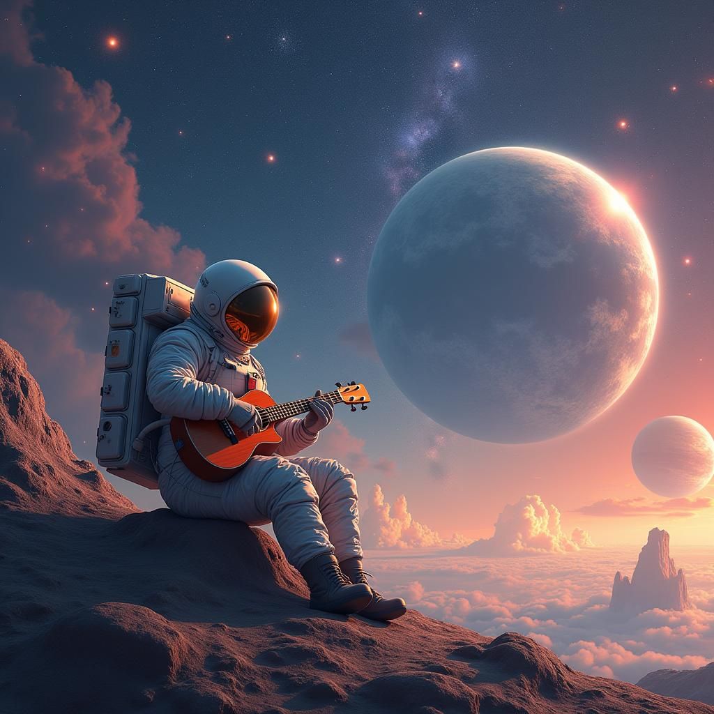 Astronaut's Ukulele Serenade in Space, Digital Art