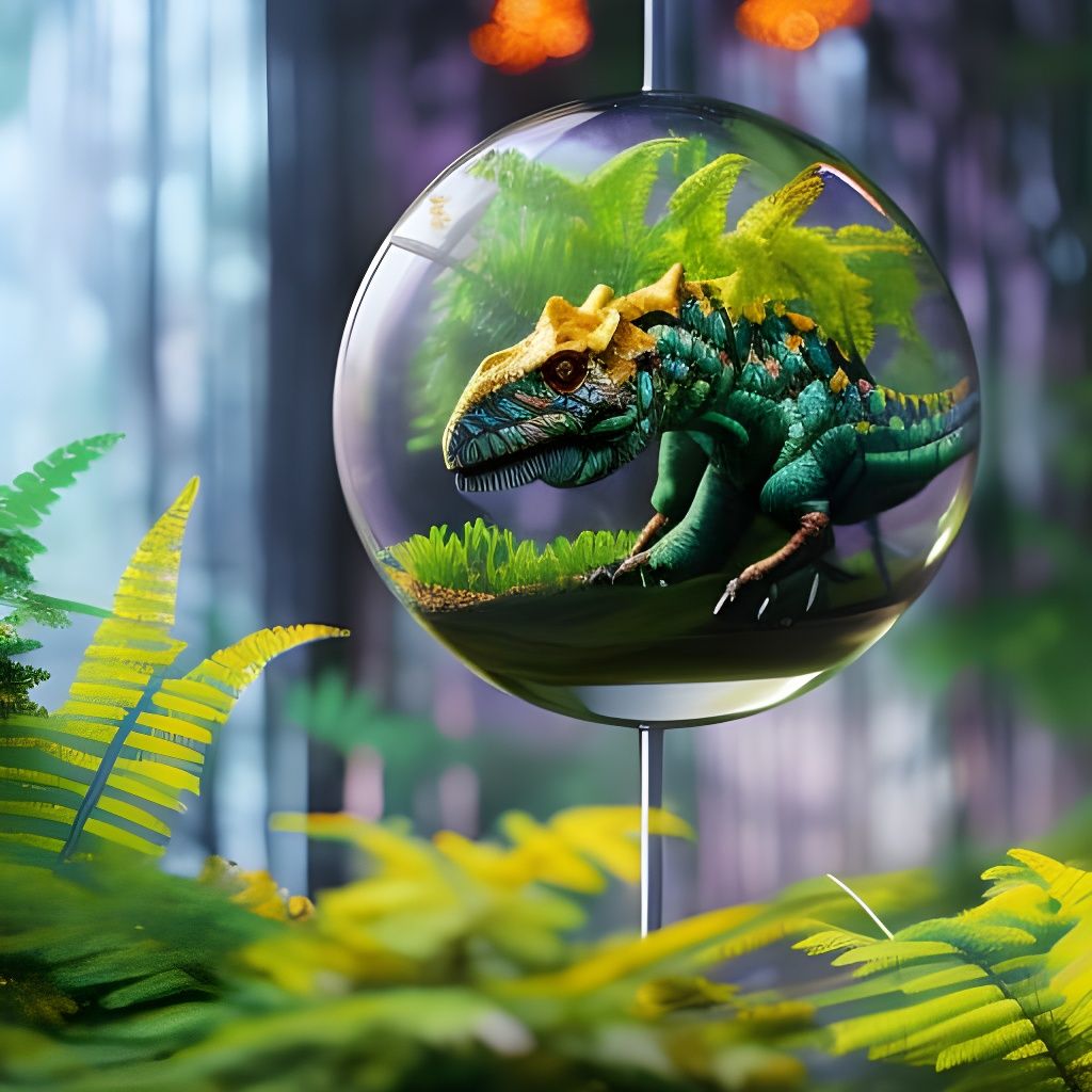 Cute Dinosaur in Glass Sphere: Fantasy Concept Art
