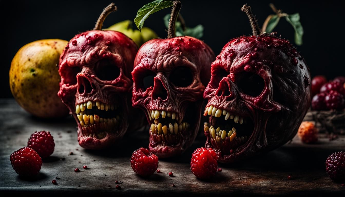 Ghoulish Zombie Fruits in Black and White Ink