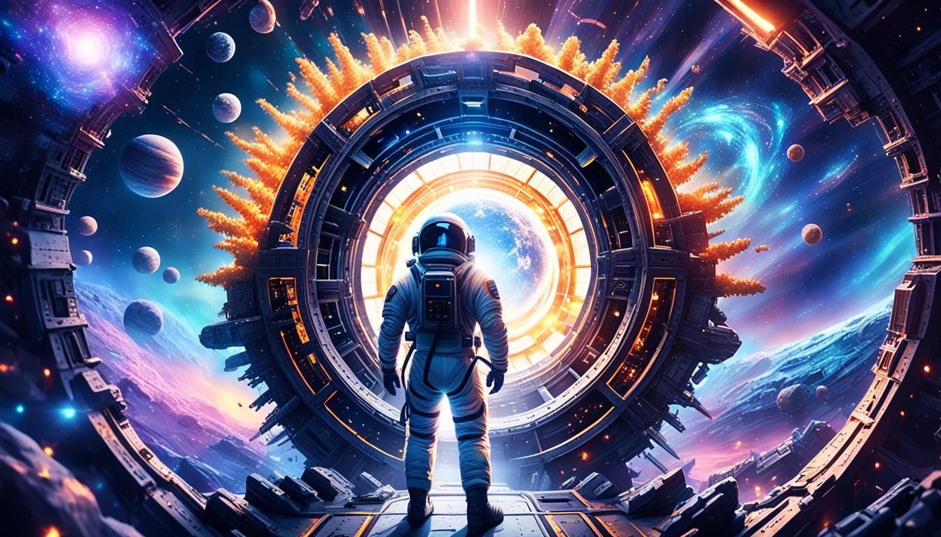 Astronaut Steps Through Glowing Stargate in Deep Space