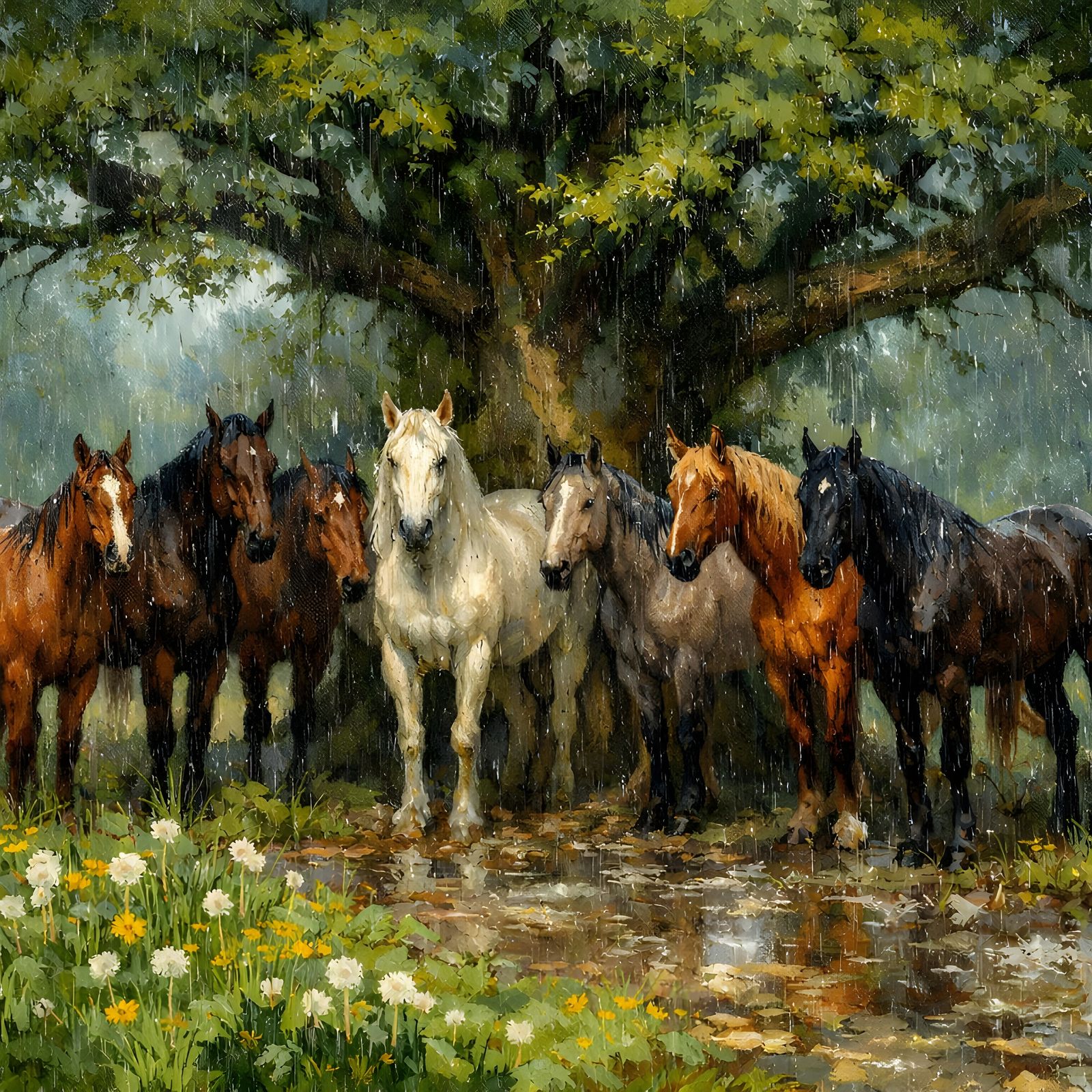Horses Seek Shelter Under Ancient Tree in Storm