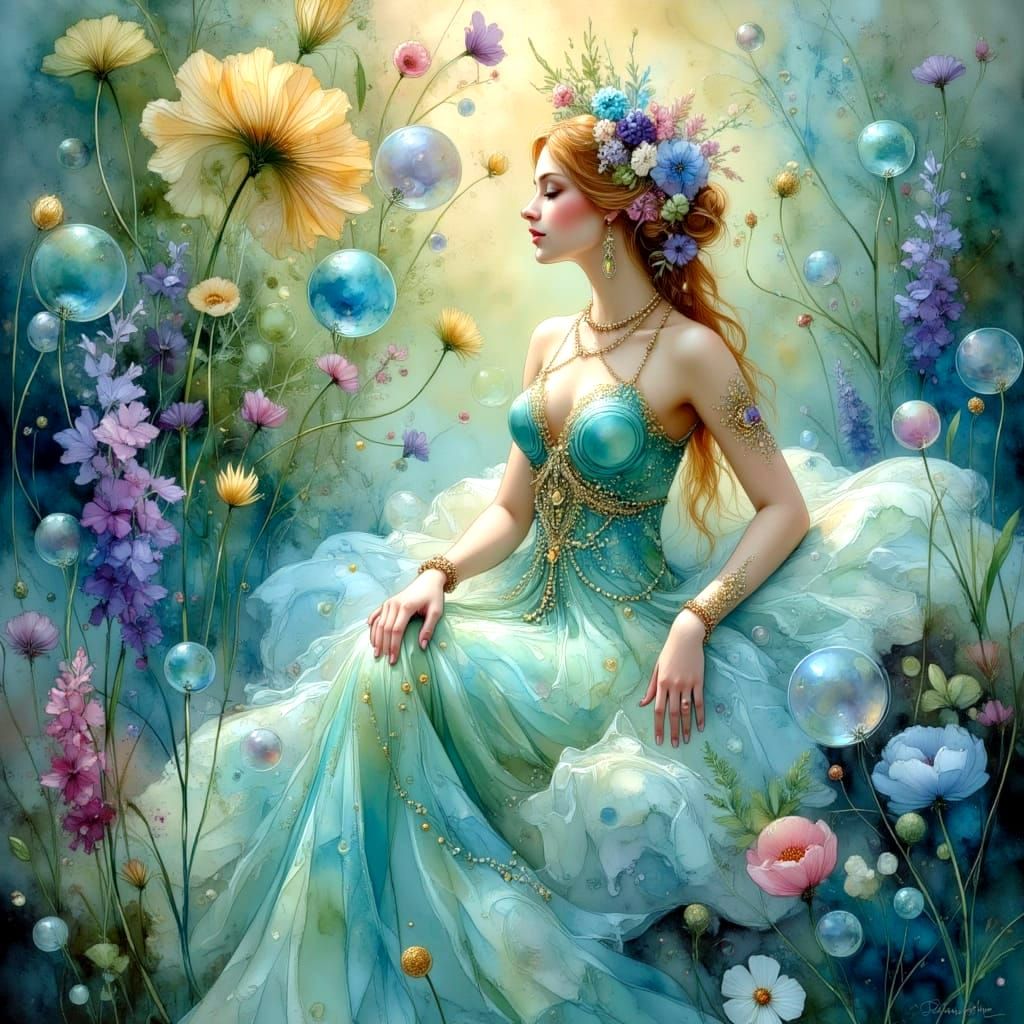 Art Nouveau Lady of the Lake with Bubbles