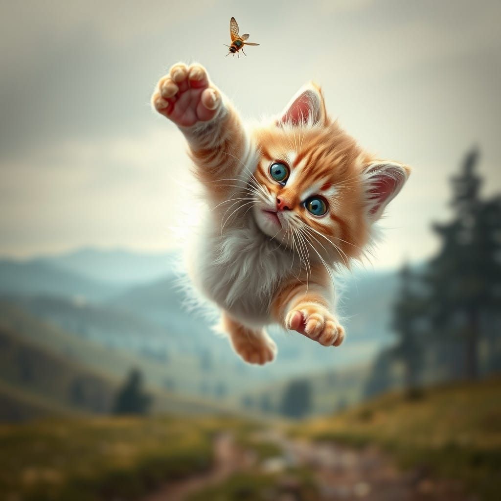 Whimsical Kitten Battles Fly in Mid-Air with Acrobatic Flair