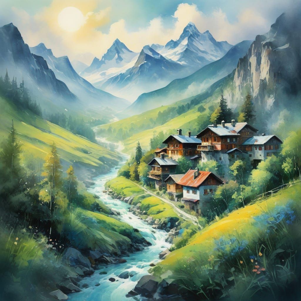 Swiss Alps Village in Vibrant Watercolor Painting