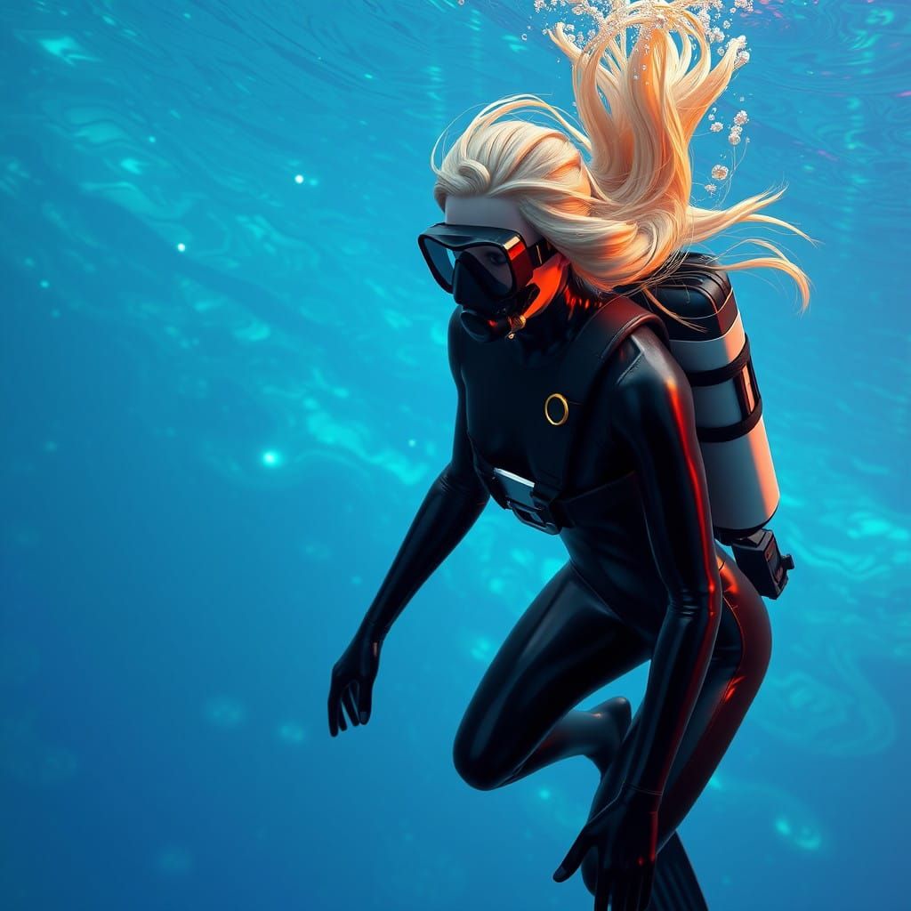 Sleek Freediver Glides Through Turquoise Abyss in High-Gloss...