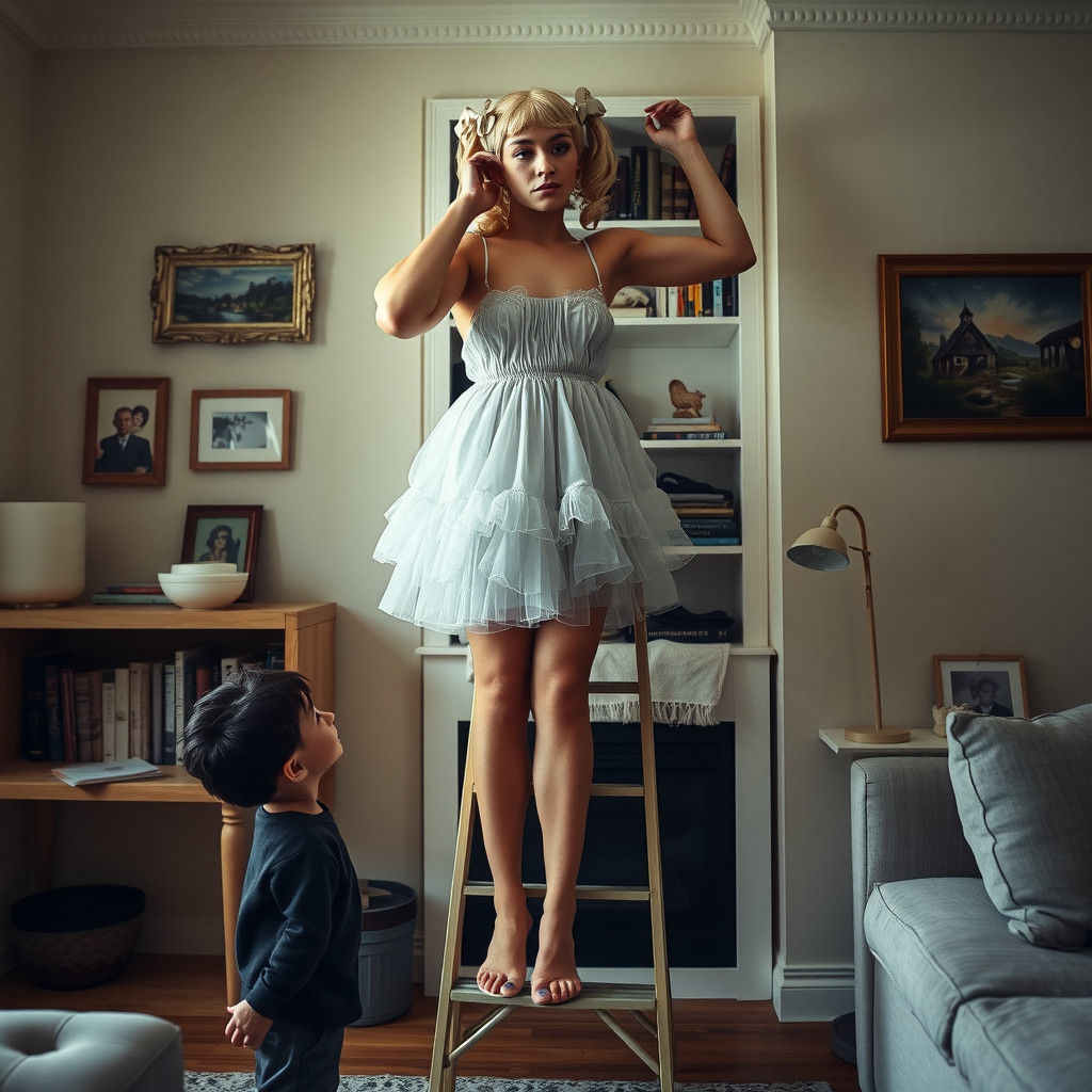 Man in Babydoll Dress Reaching for Shelves