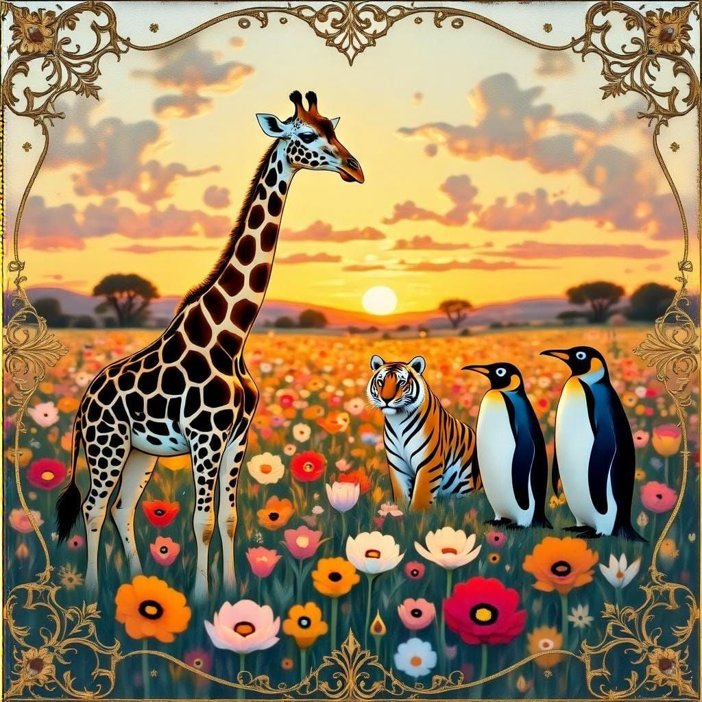 Whimsical Wildlife Scene in Art Nouveau Style