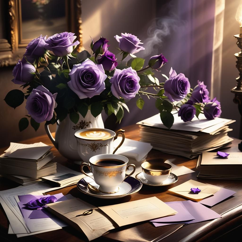 Victorian Coffee Cup with Roses, Detailed Matte Painting