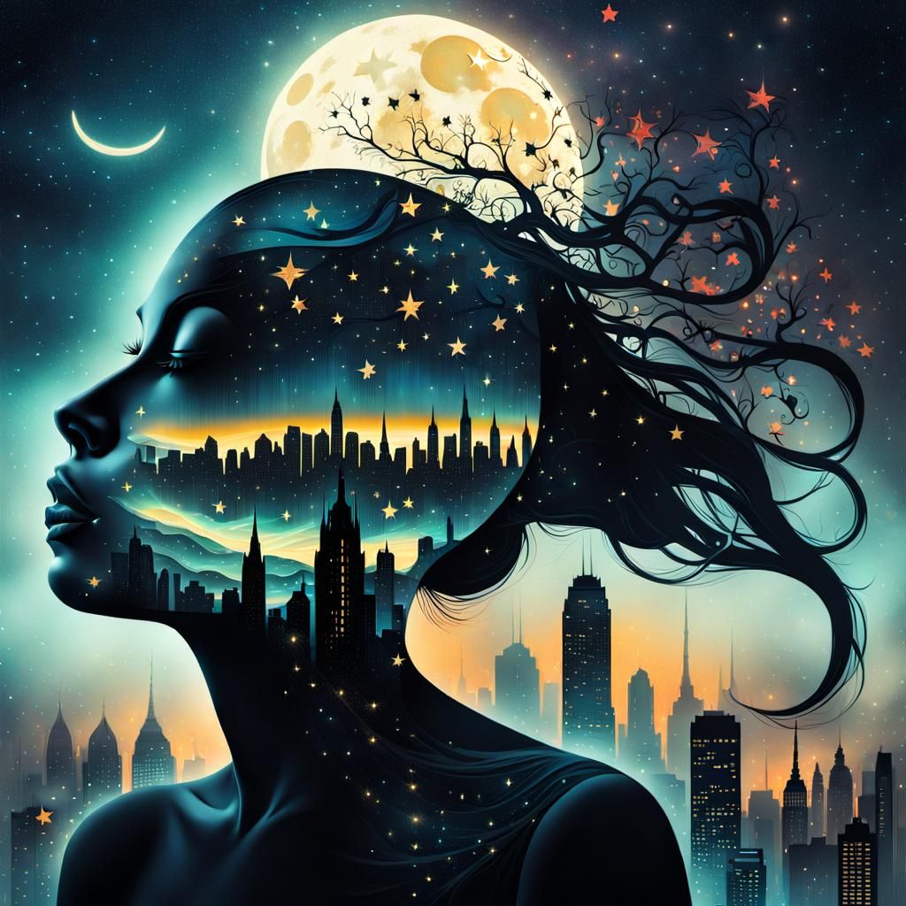 Surreal Double Exposure Starry Night Collage Art