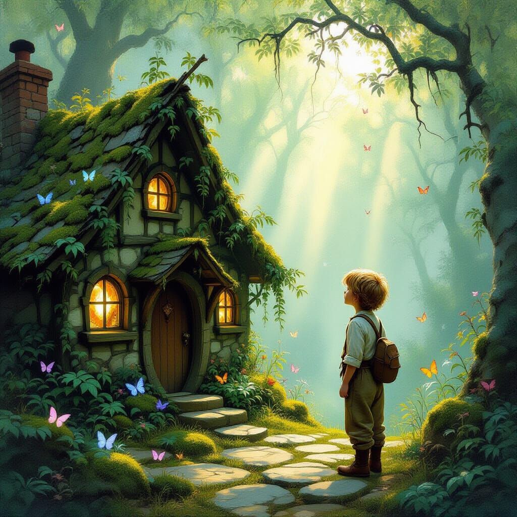 Boy Finds Cottage in Misty Forest, Oil Painting