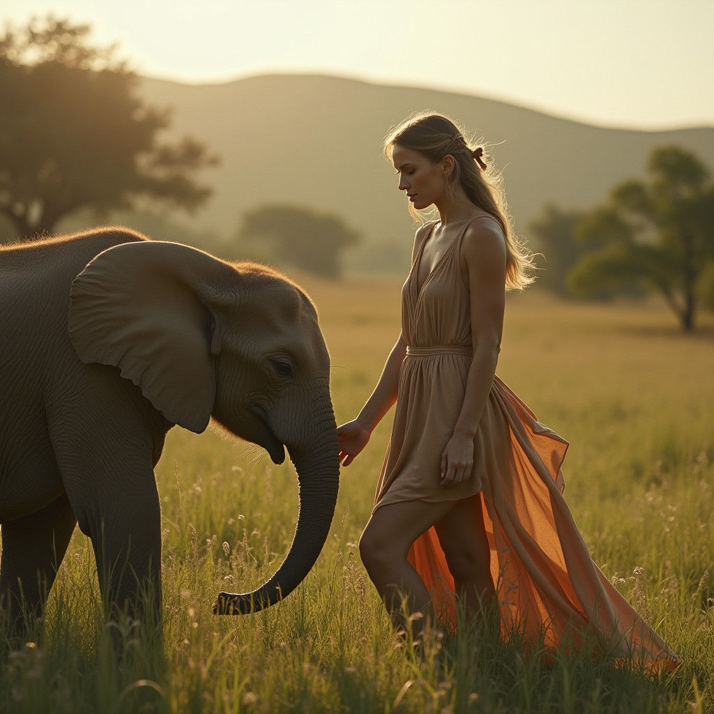 Woman and Elephant in Golden Savannah Light
