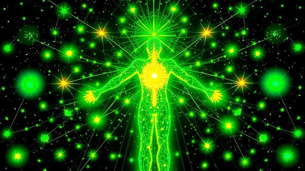 Neon Vitruvian Human in Scintillating Pointillism