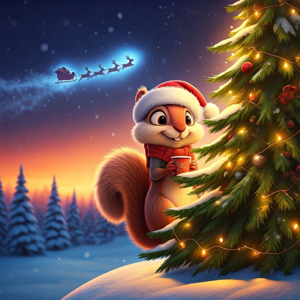 Squirrel Sips Cocoa in Disney-Inspired Christmas Scene