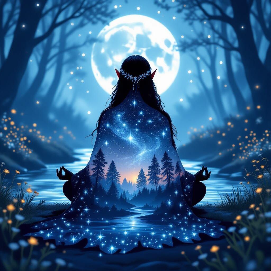 Moonlit Elf Meditation in Starlit Forest
