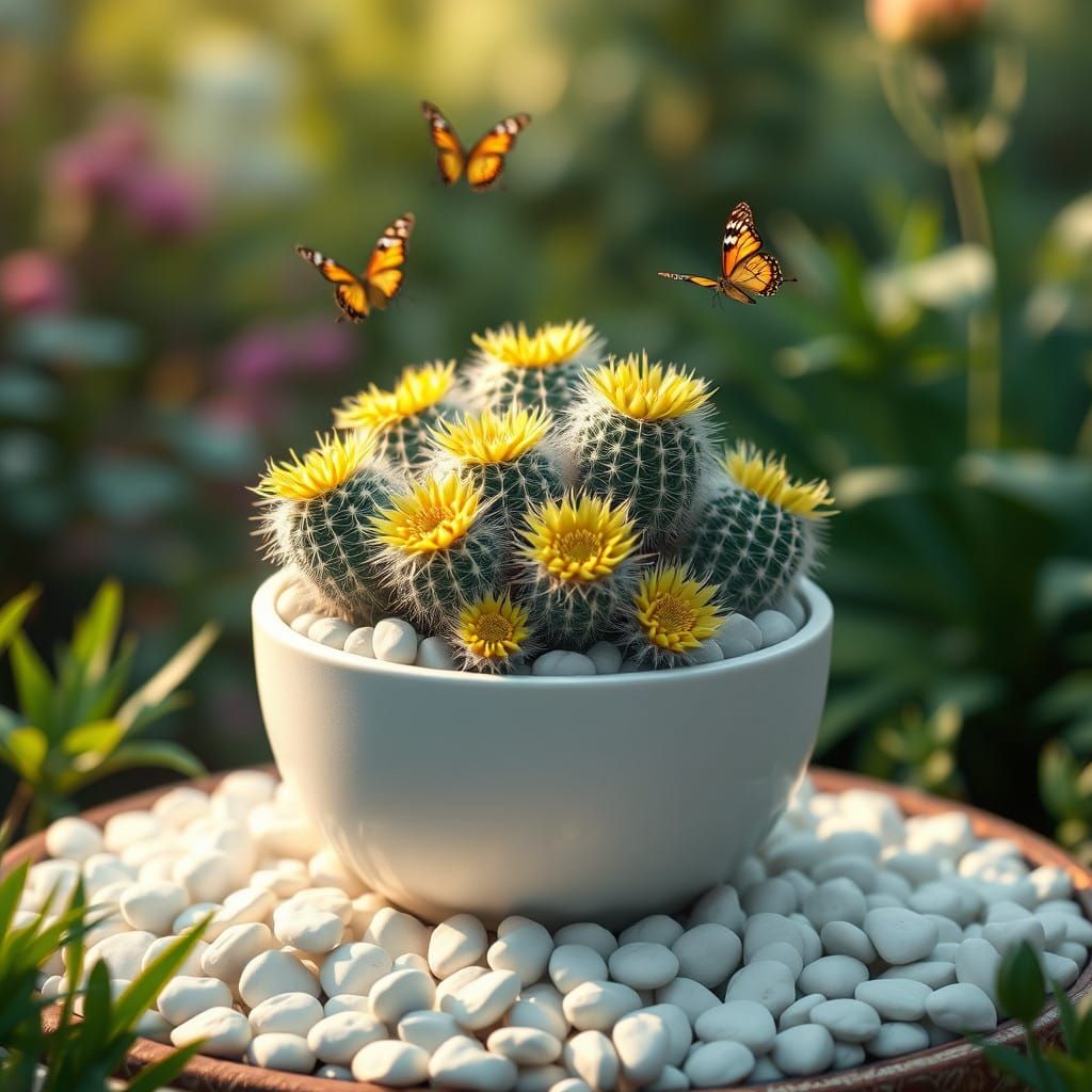 dans un  pot circulaire blanc posé sur des galets blancs, plusieurs plants de fleurs de cactus Mammillaria poilus duvete...