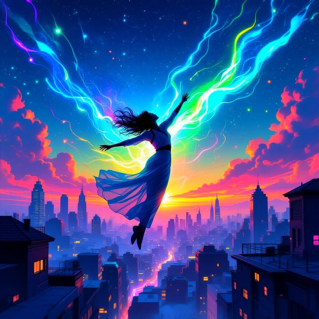 Dreamlike Soaring Figure Over Neon Cityscape