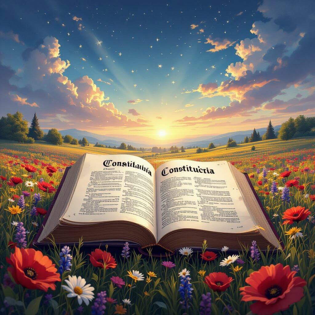 Open Book with Spring Flowers and Mountains, Constitution Te...