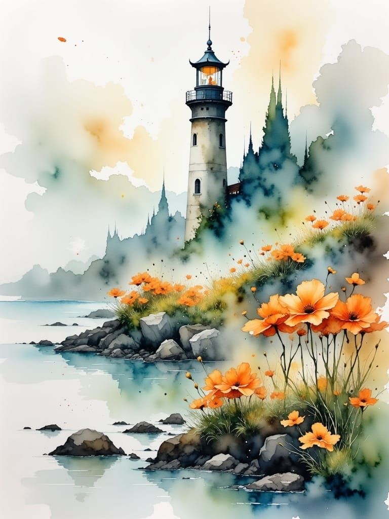 Watercolor Lighthouse with Orange Flowers on Misty Coast