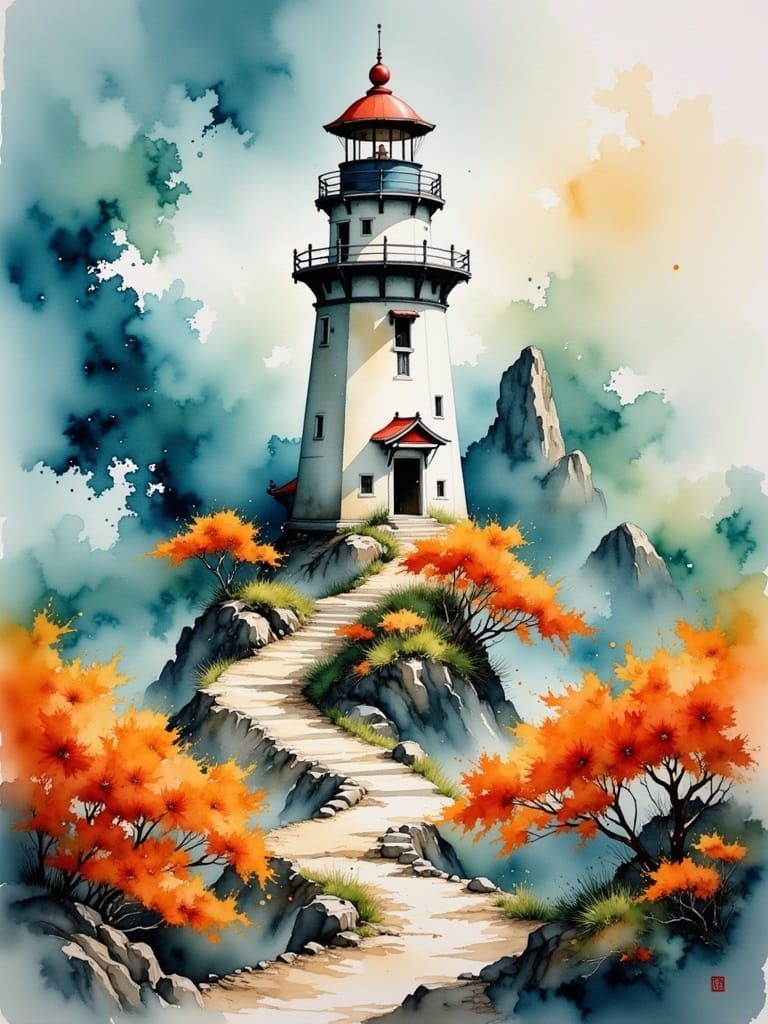 Watercolor Lighthouse with Orange Flowers in Eastern Style