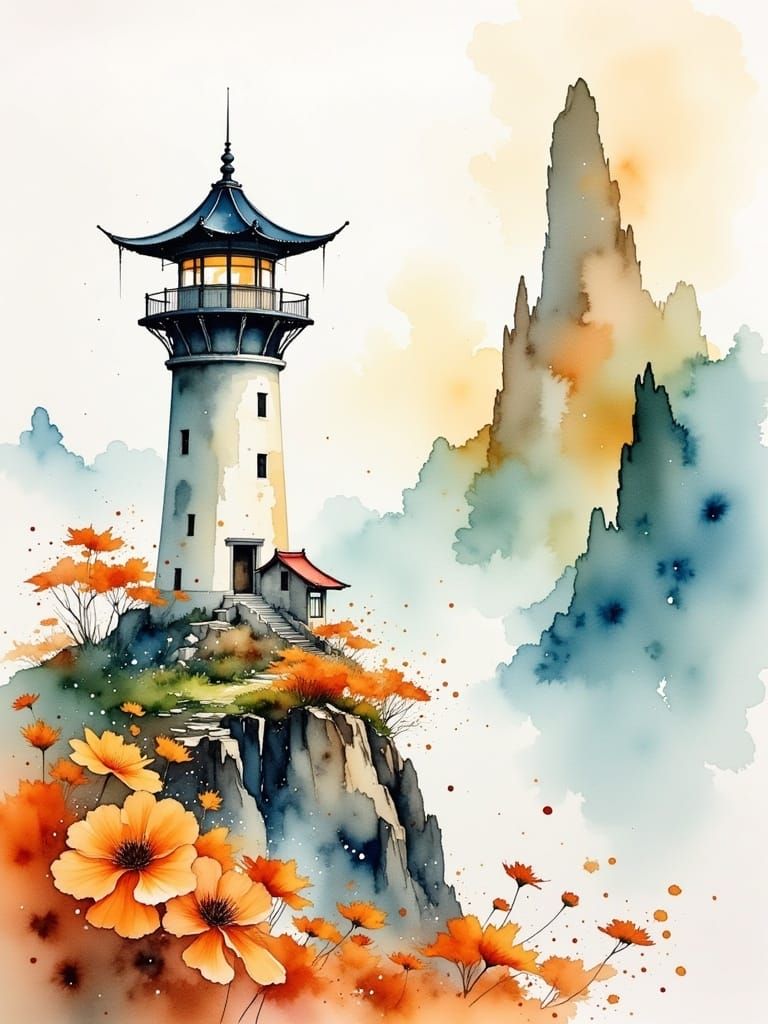 Watercolor Lighthouse with Orange Flowers in Chinese Style