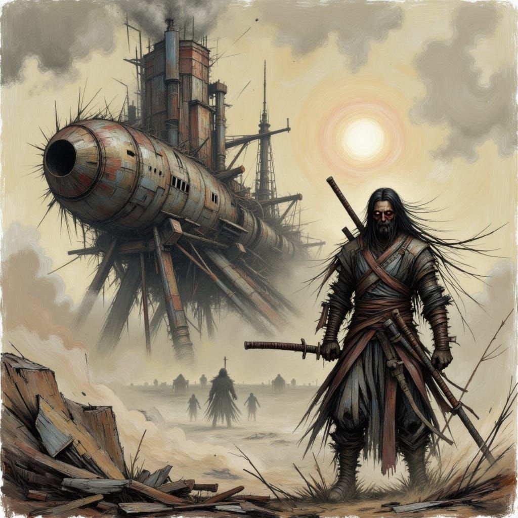 Samurai on Rocket Launchpad in Ink Wash Style