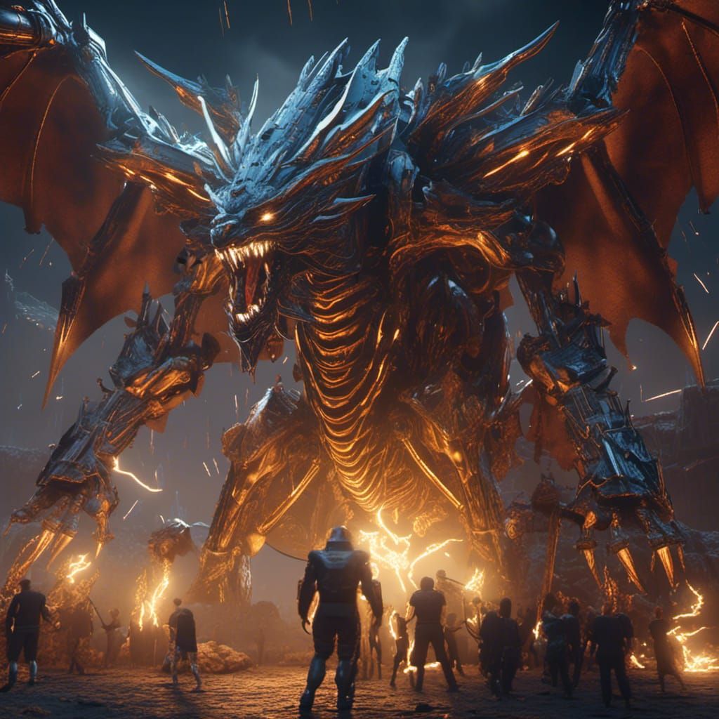 Epic Mech Dragon Battle in Sci-Fi D&D Scene