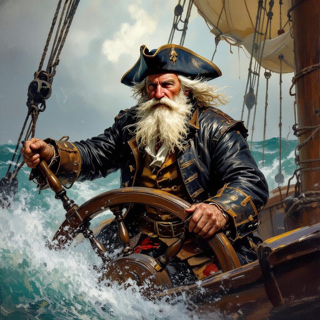 Sea Captain Navigating Storm as Dramatic Painting