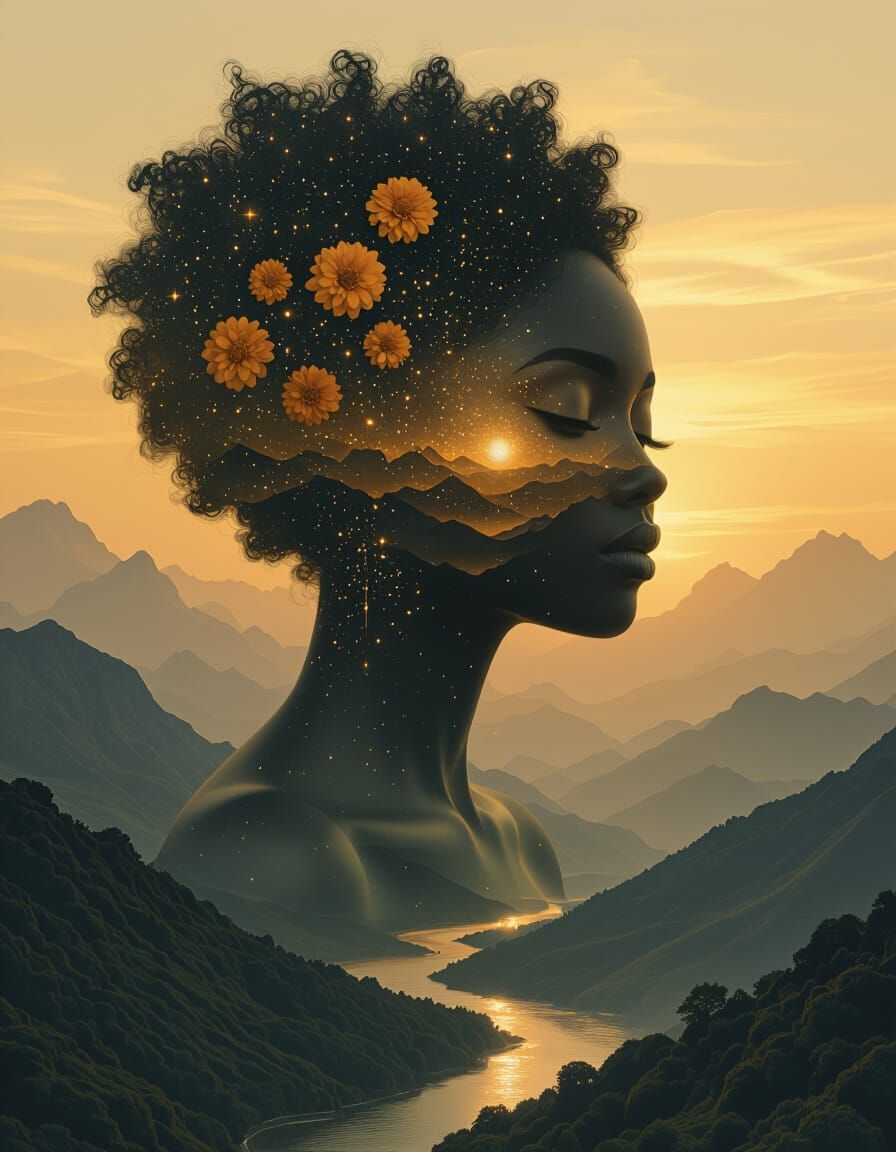 Afrosurreal Goddess of Dusk Blends with Mountain Landscape