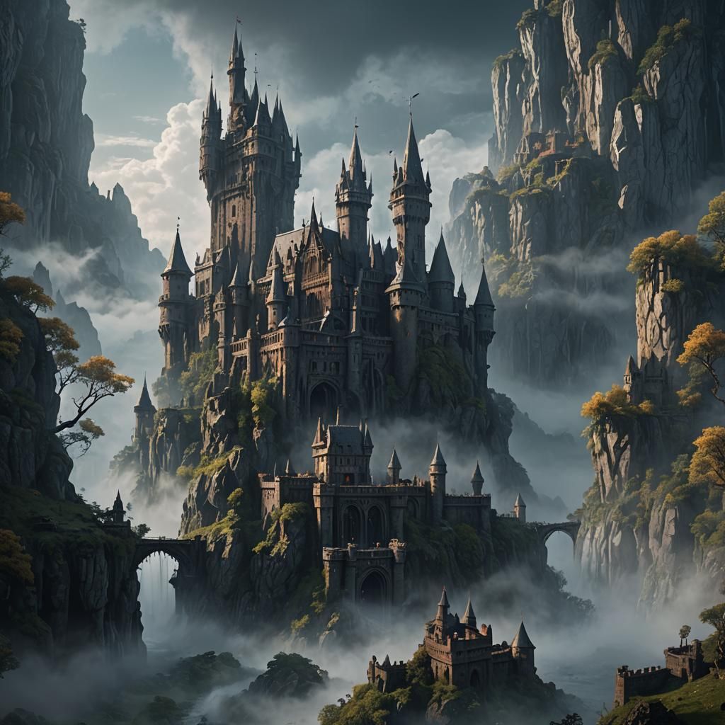 Dark Castle in Mist: Detailed Fantasy Matte Painting