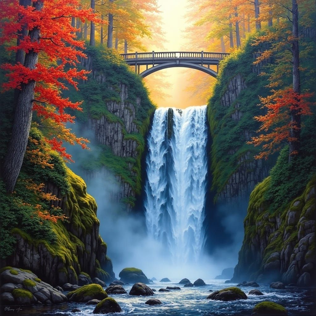 Multnomah Falls Autumn Landscape Oil Painting