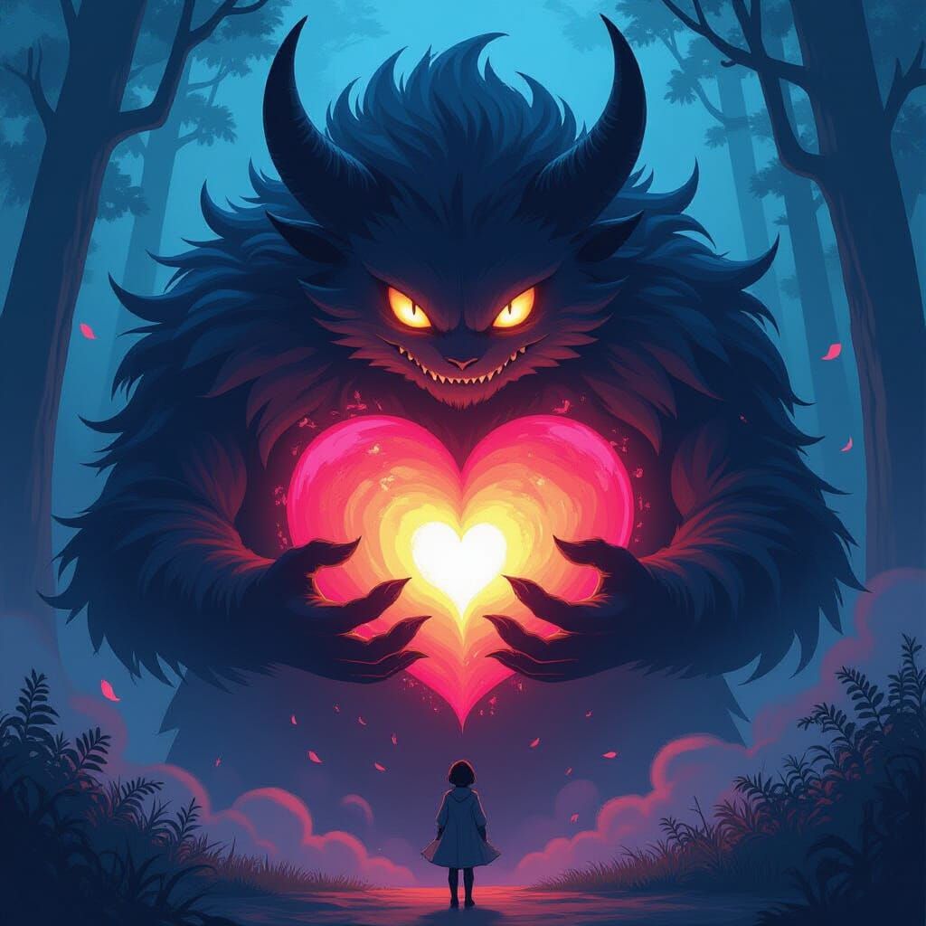 Monster's Glowing Heart in Anime Key Visual Style