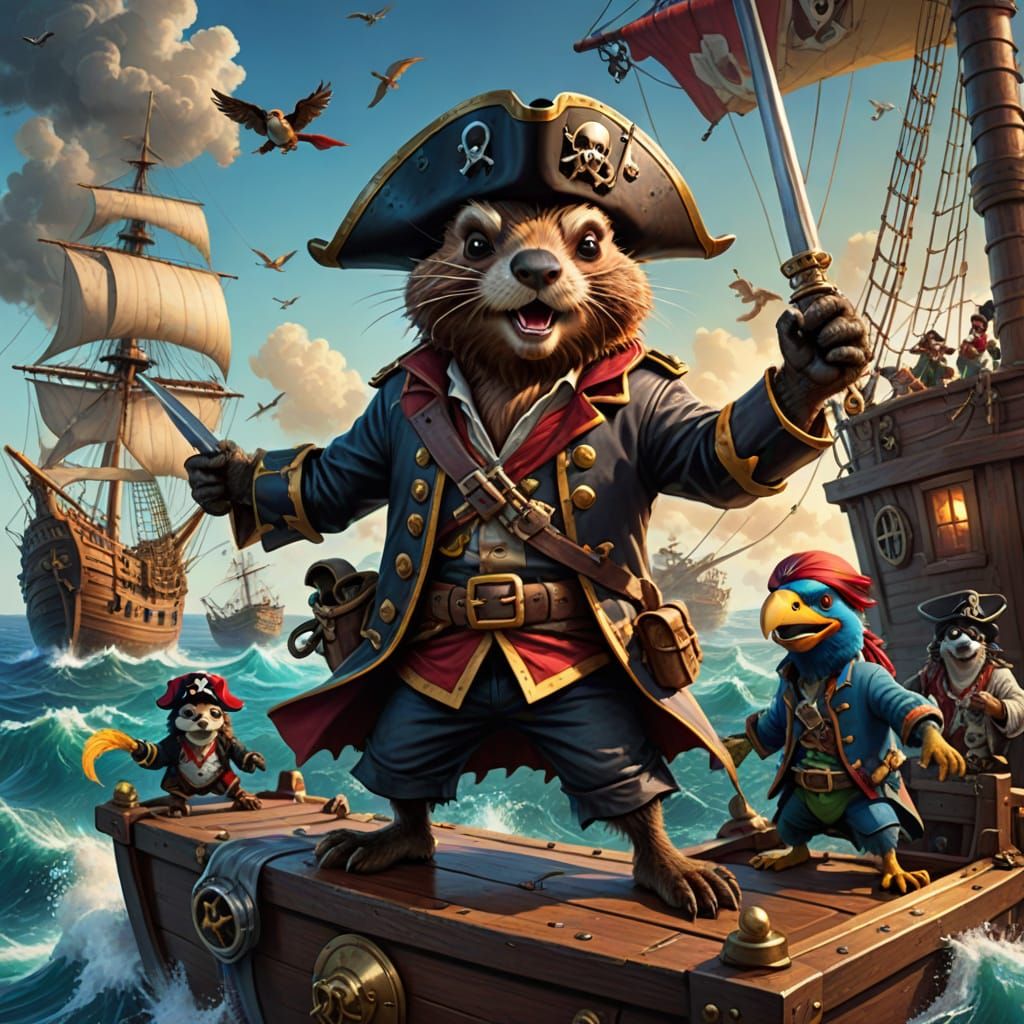 Pirate Beaver Captain Leading Animal Crew on High Seas