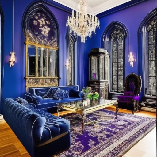 Gothic aquarium living room with A huge aquarium& gothic Chandelier & cobalt blue walls& Silver frames& cobalt blue Goth...