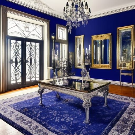 Gothic aquarium living room with A huge aquarium& gothic Chandelier & cobalt blue walls& Silver frames& cobalt blue Goth...